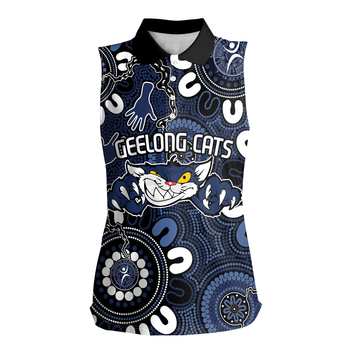 Custom Geelong Cats NAIDOC Week 2024 Women Sleeveless Polo Shirt Fire Burning Aboriginal Dots Art