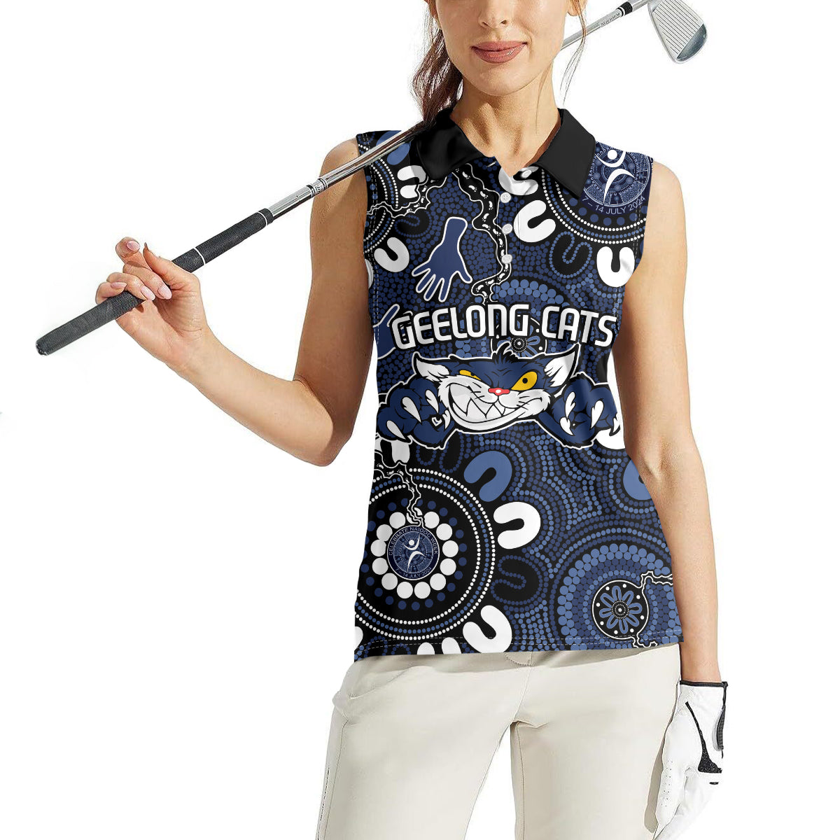 Custom Geelong Cats NAIDOC Week 2024 Women Sleeveless Polo Shirt Fire Burning Aboriginal Dots Art