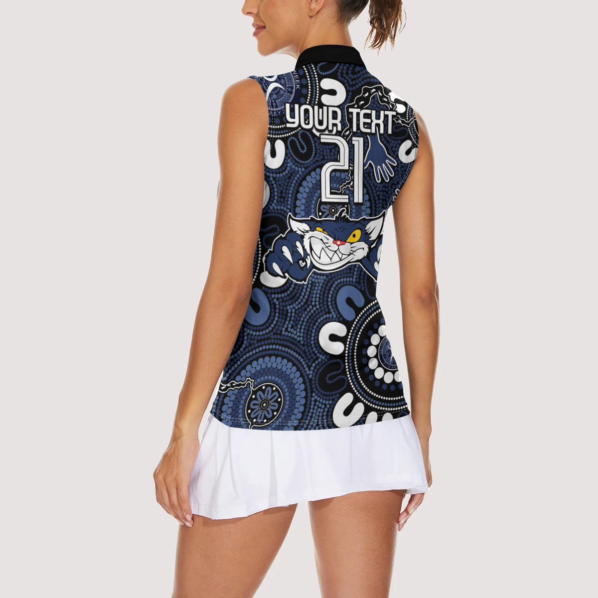 Custom Geelong Cats NAIDOC Week 2024 Women Sleeveless Polo Shirt Fire Burning Aboriginal Dots Art