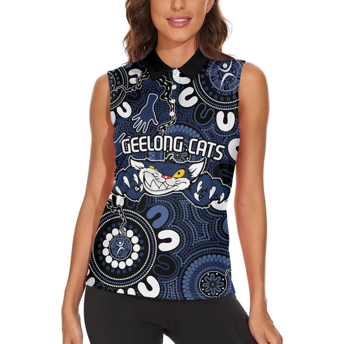 Custom Geelong Cats NAIDOC Week 2024 Women Sleeveless Polo Shirt Fire Burning Aboriginal Dots Art