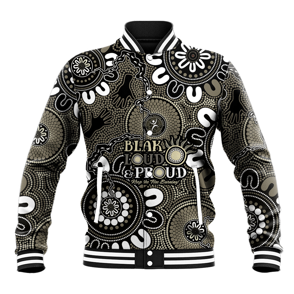 NAIDOC Week 2024 Fire Burning Baseball Jacket Aboriginal Dots Black Art