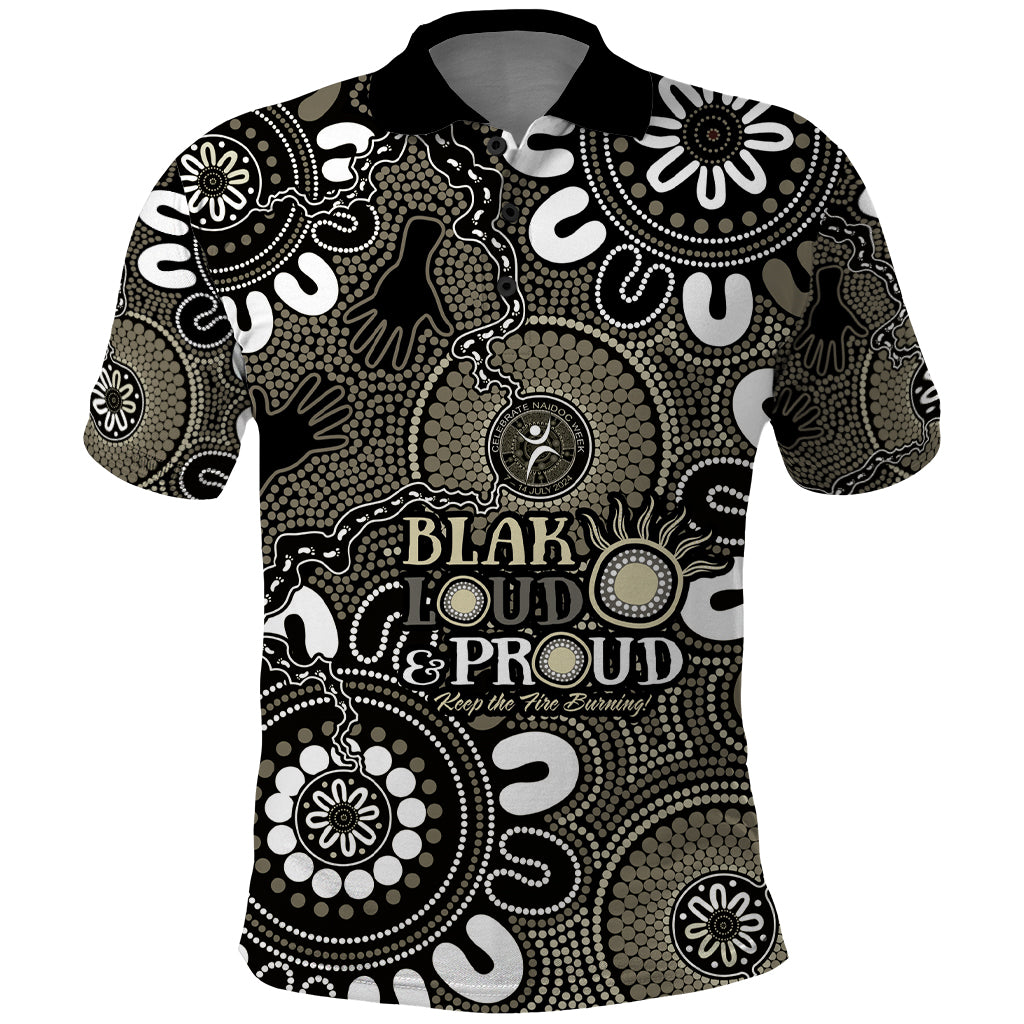 NAIDOC Week 2024 Fire Burning Polo Shirt Aboriginal Dots Black Art