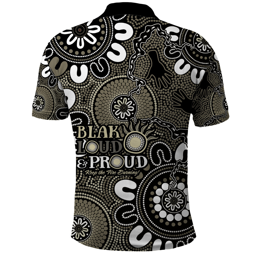 NAIDOC Week 2024 Fire Burning Polo Shirt Aboriginal Dots Black Art