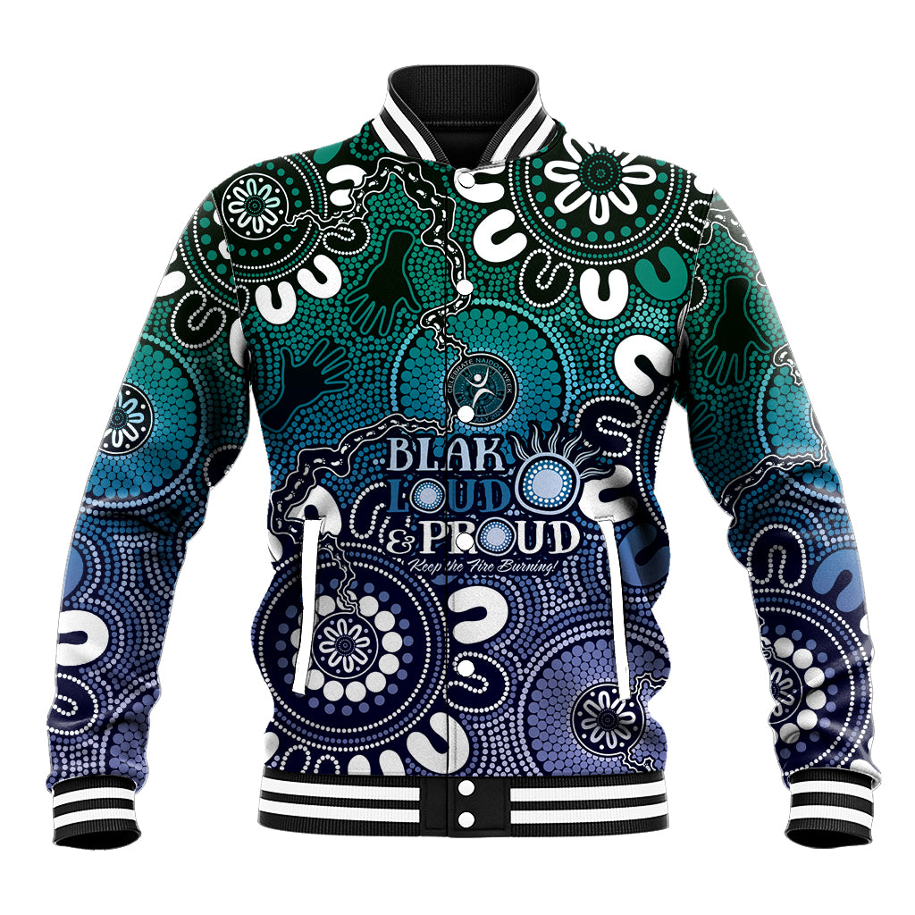 NAIDOC Week 2024 Fire Burning Baseball Jacket Aboriginal Dots Blue Art