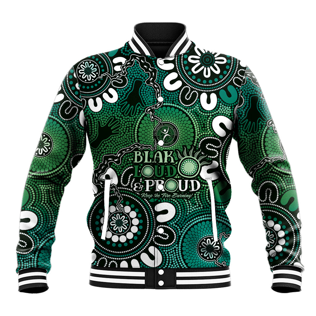 NAIDOC Week 2024 Fire Burning Baseball Jacket Aboriginal Dots Green Art