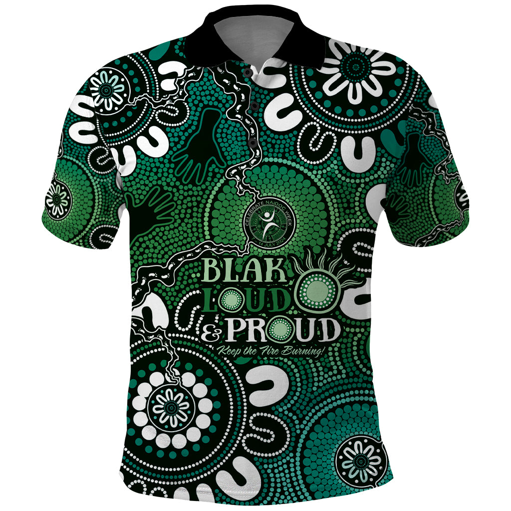 NAIDOC Week 2024 Fire Burning Polo Shirt Aboriginal Dots Green Art