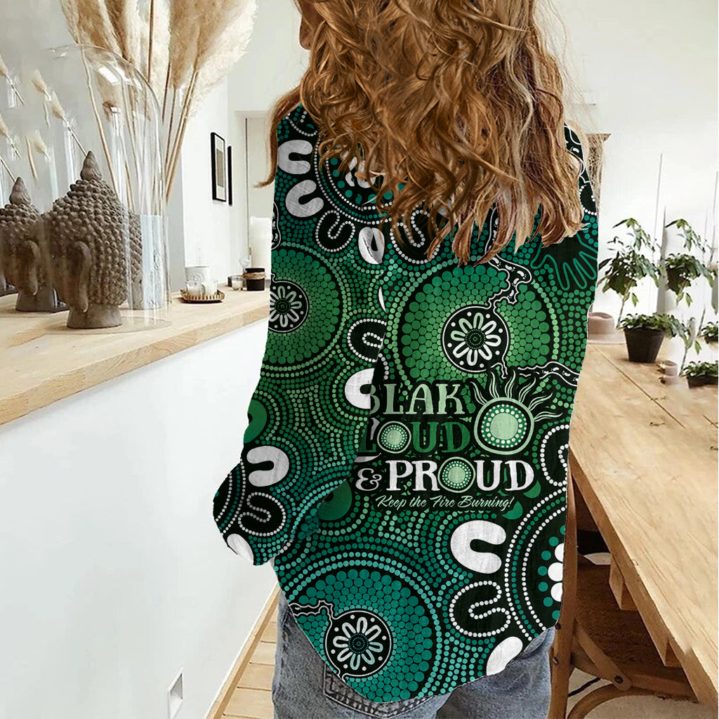 NAIDOC Week 2024 Fire Burning Women Casual Shirt Aboriginal Dots Green Art