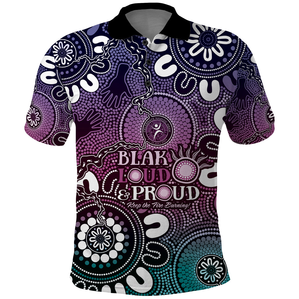 NAIDOC Week 2024 Fire Burning Polo Shirt Aboriginal Dots Pink Art