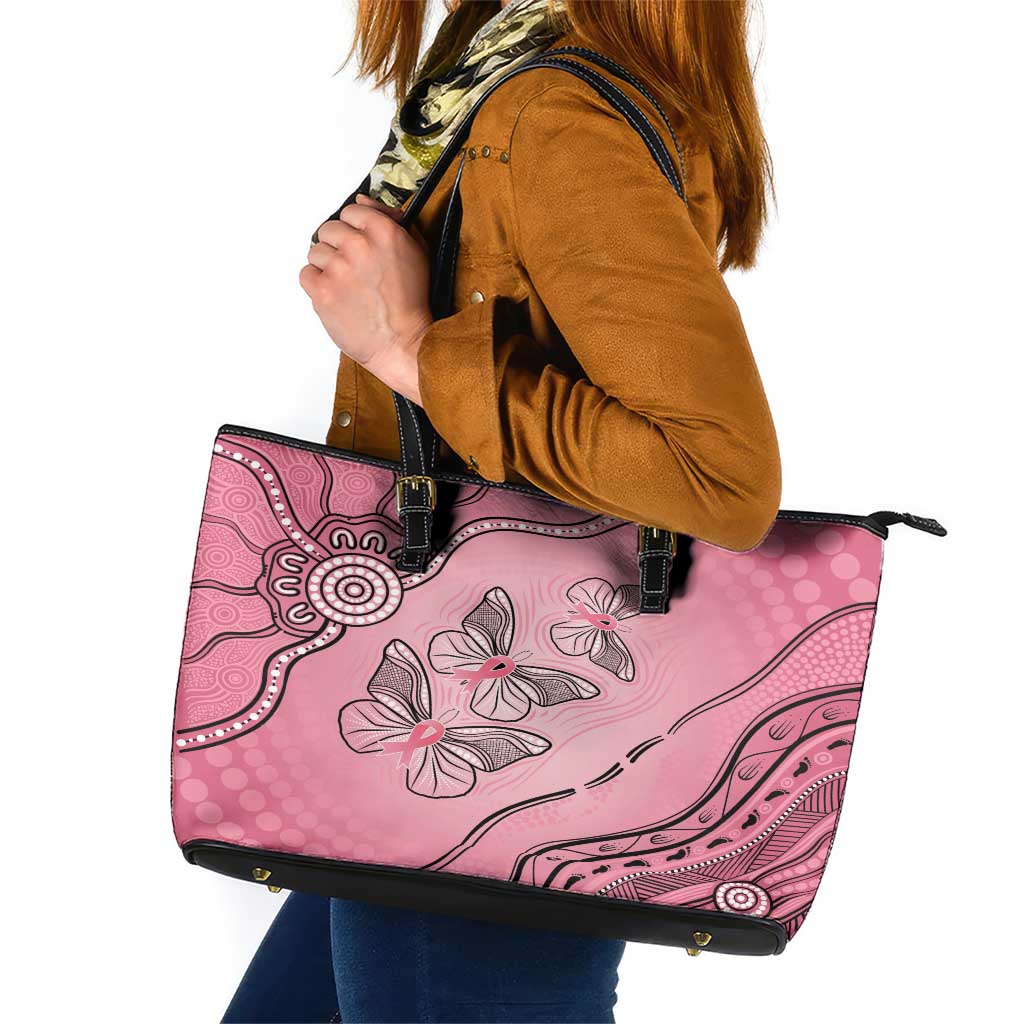 Pink Aboriginal Butterfly Ribbon Cancer Leather Tote Bag