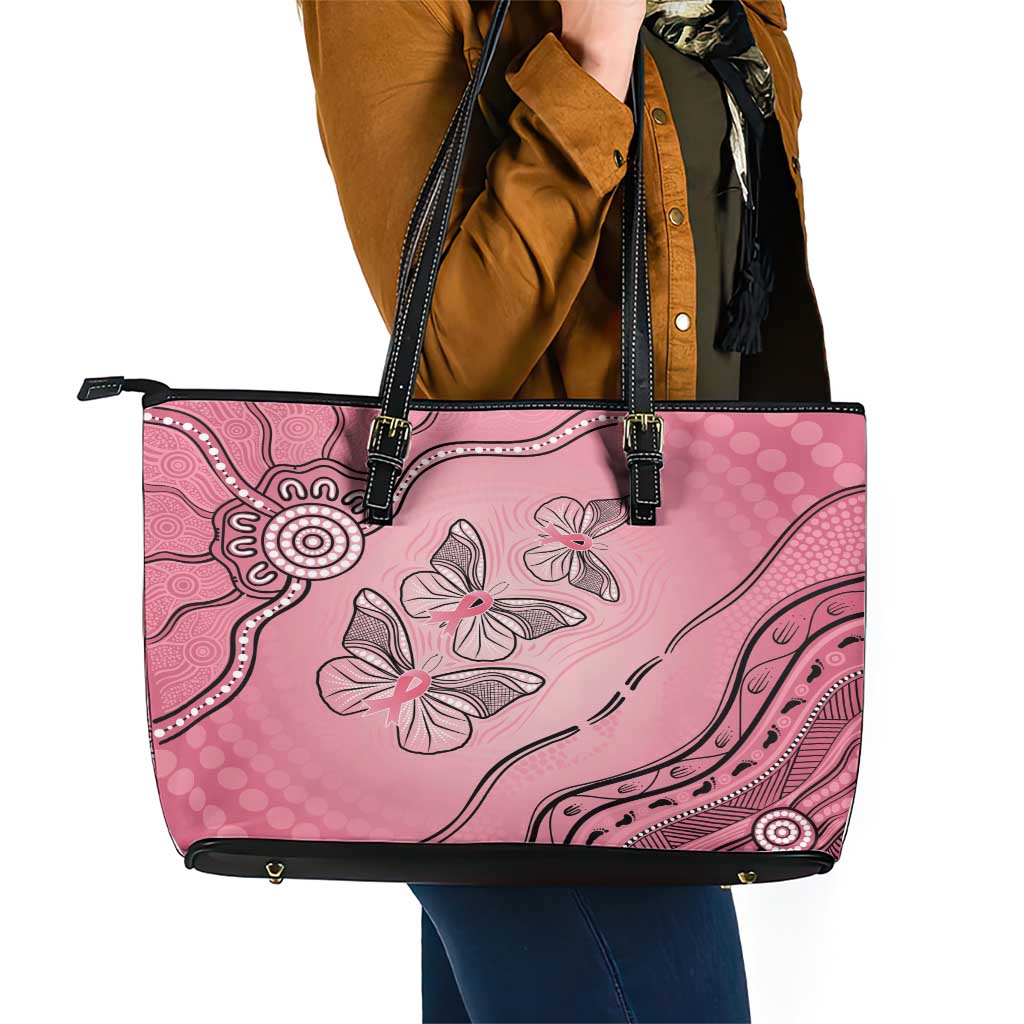 Pink Aboriginal Butterfly Ribbon Cancer Leather Tote Bag