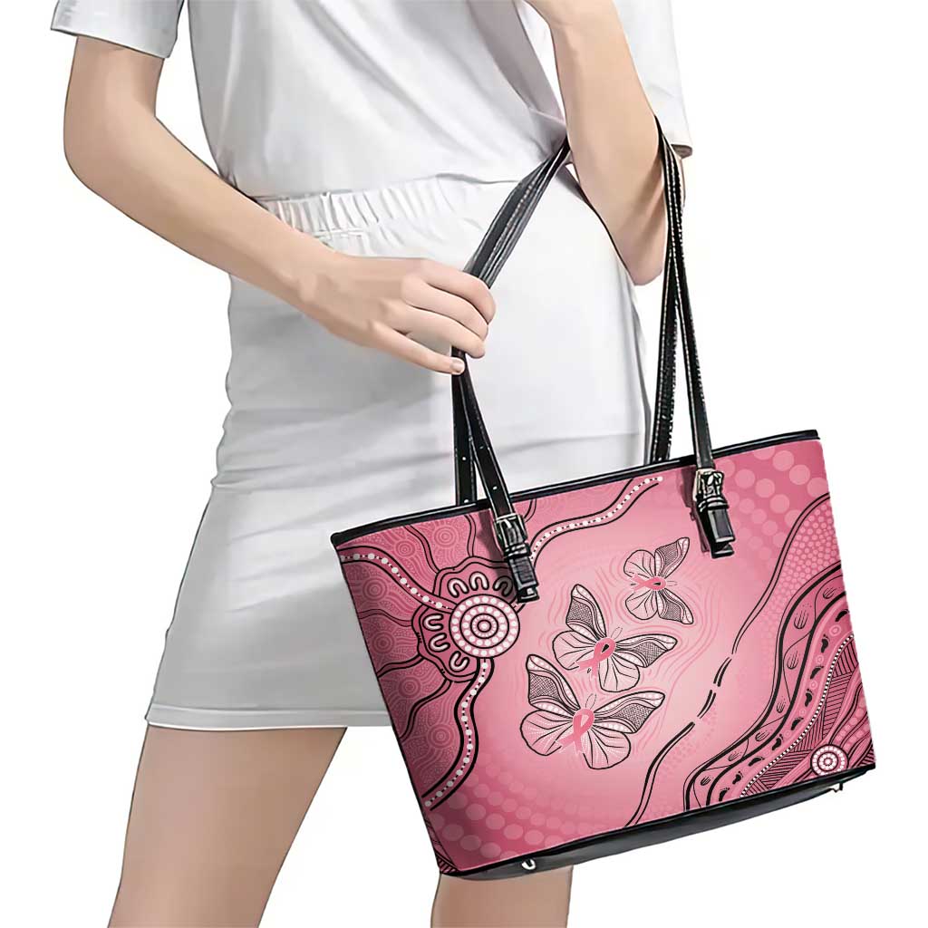 Pink Aboriginal Butterfly Ribbon Cancer Leather Tote Bag