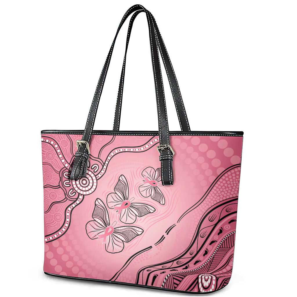 Pink Aboriginal Butterfly Ribbon Cancer Leather Tote Bag