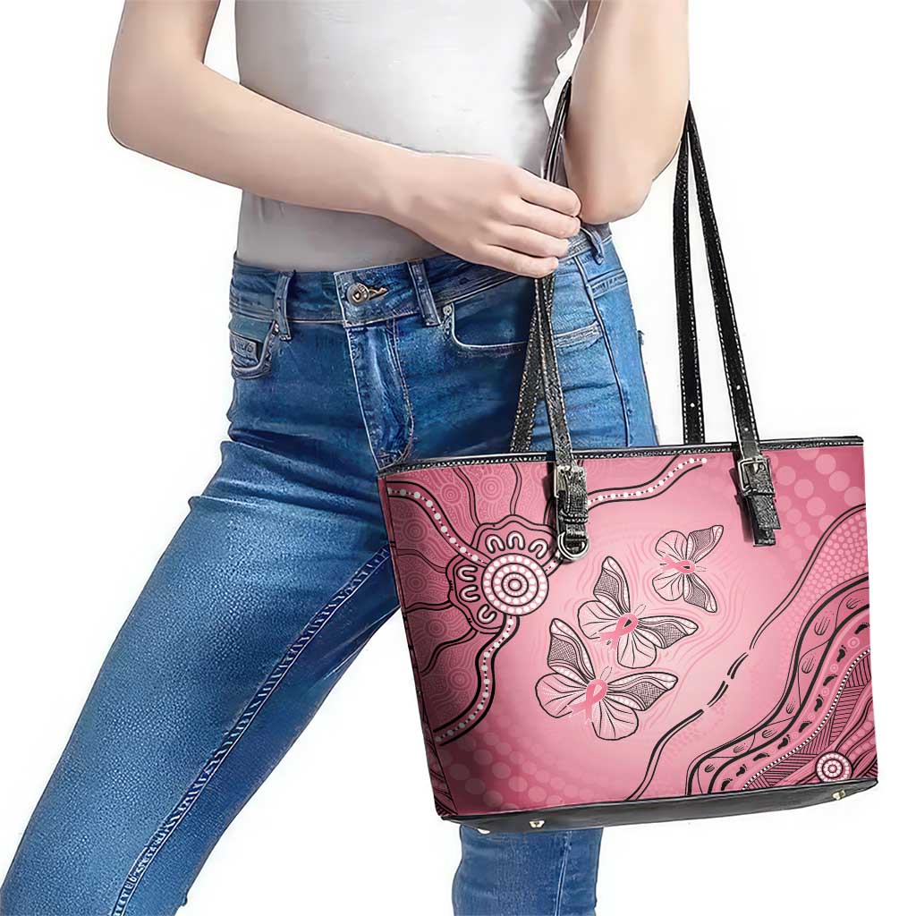 Pink Aboriginal Butterfly Ribbon Cancer Leather Tote Bag