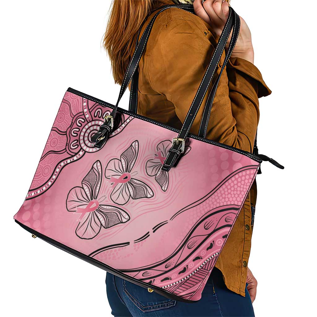 Pink Aboriginal Butterfly Ribbon Cancer Leather Tote Bag