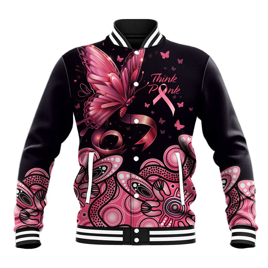 Think Pink Butterfly Ribbon Aboriginal Art Baseball Jacket