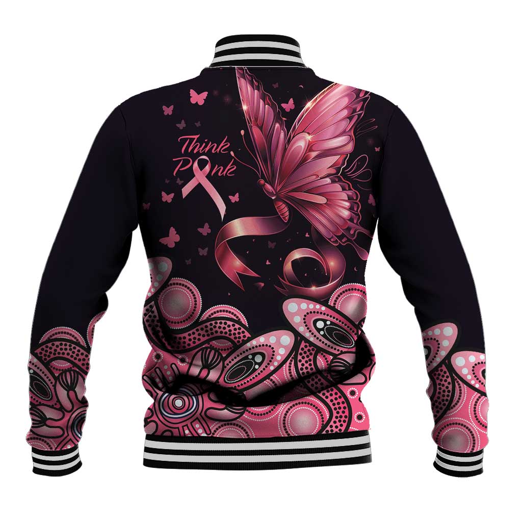 Think Pink Butterfly Ribbon Aboriginal Art Baseball Jacket