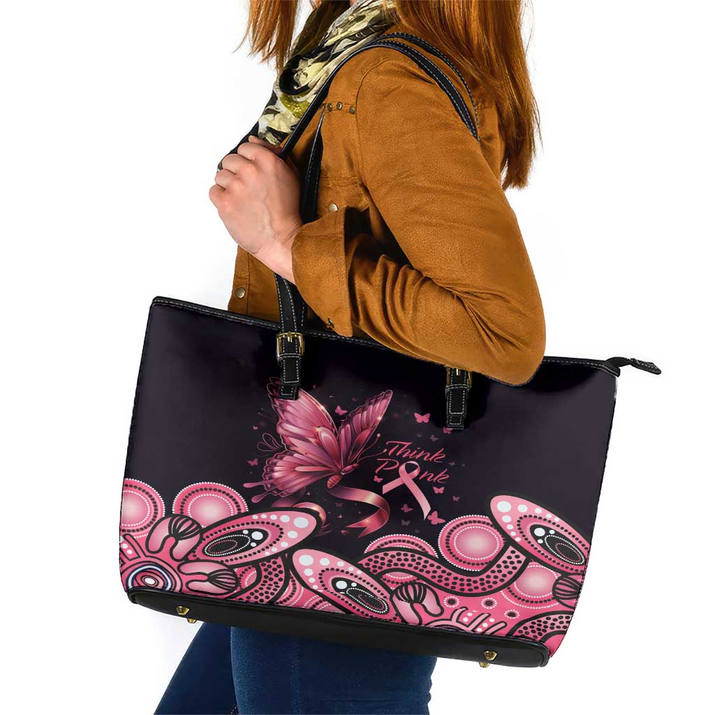 Think Pink Butterfly Ribbon Aboriginal Art Leather Tote Bag