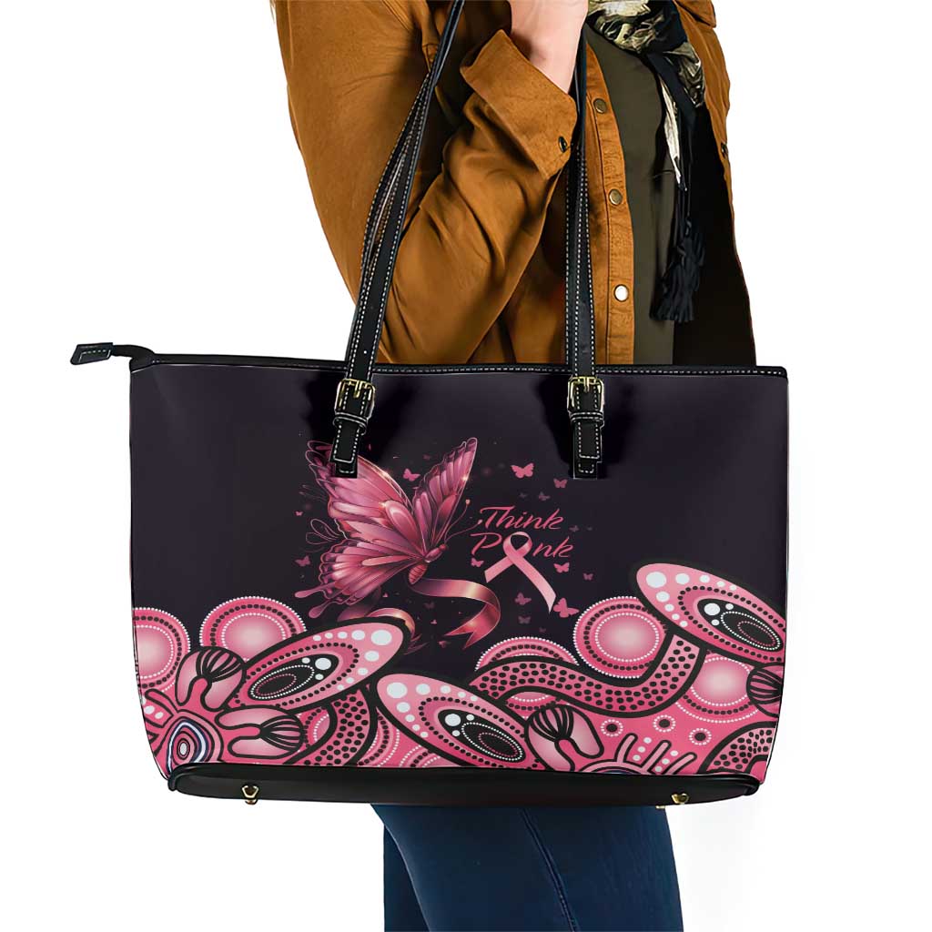 Think Pink Butterfly Ribbon Aboriginal Art Leather Tote Bag