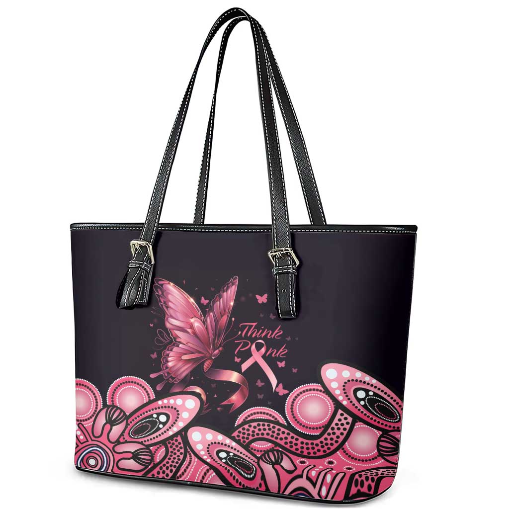 Think Pink Butterfly Ribbon Aboriginal Art Leather Tote Bag