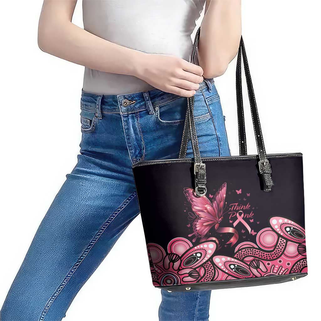 Think Pink Butterfly Ribbon Aboriginal Art Leather Tote Bag