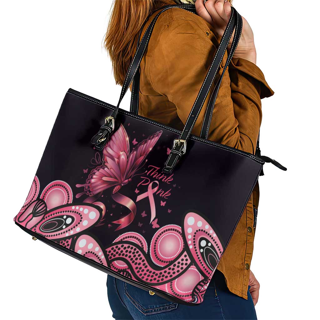 Think Pink Butterfly Ribbon Aboriginal Art Leather Tote Bag