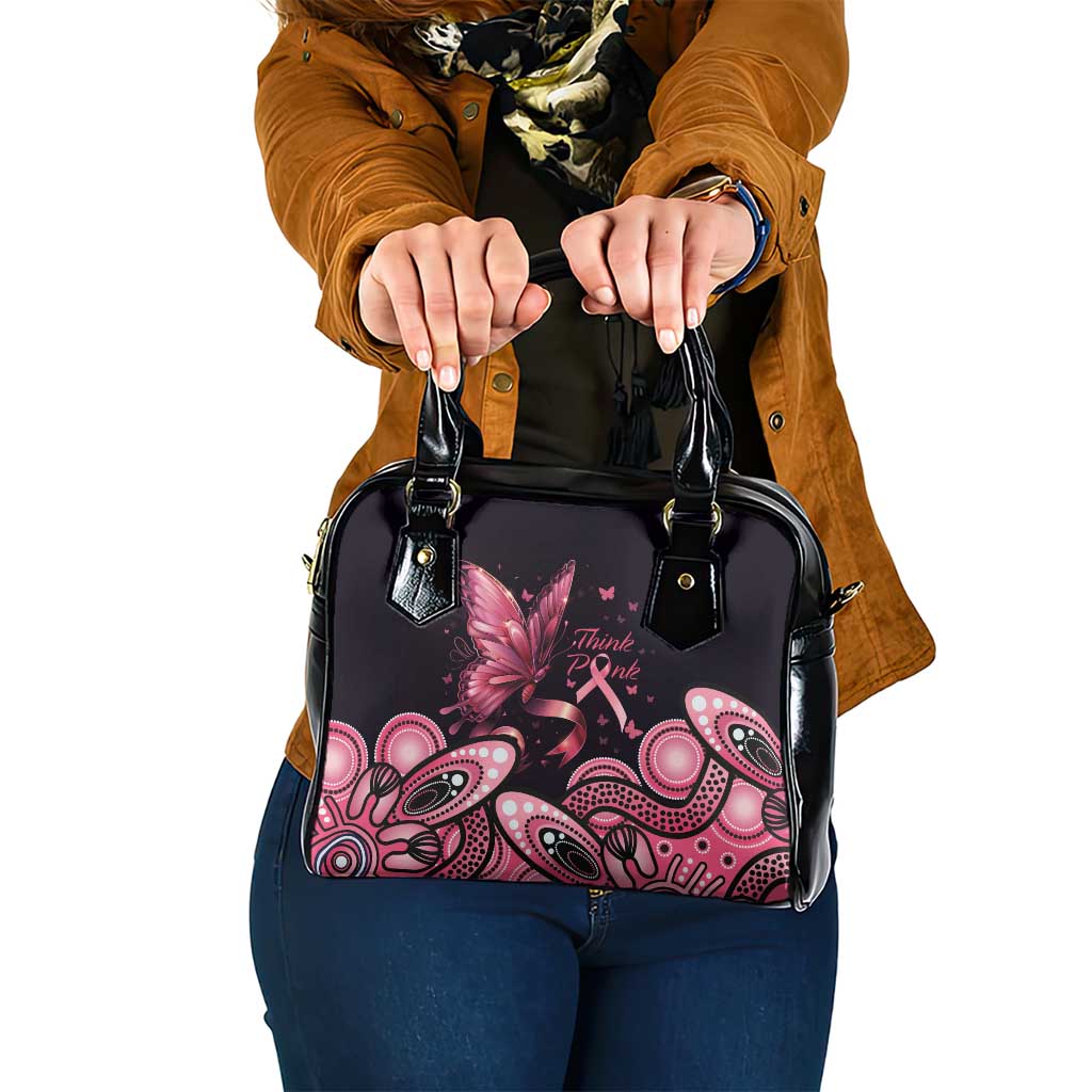 Think Pink Butterfly Ribbon Aboriginal Art Shoulder Handbag