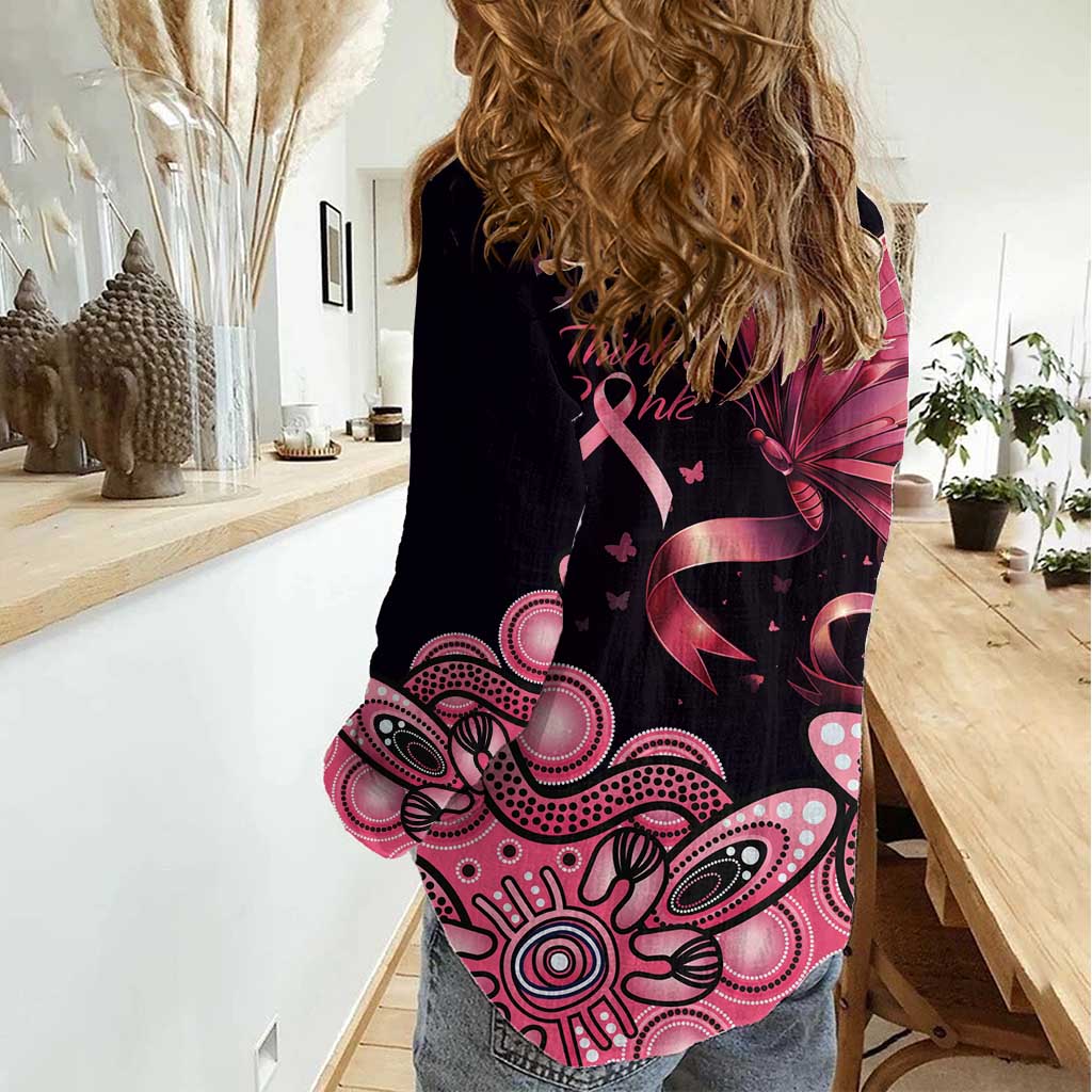 Think Pink Butterfly Ribbon Aboriginal Art Women Casual Shirt LT9