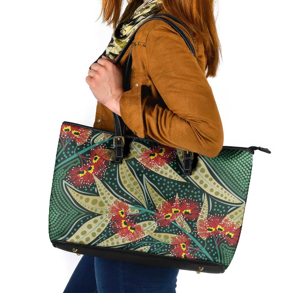 Australian Native Eucalyptus Plant Leather Tote Bag Aboriginal Dot Art