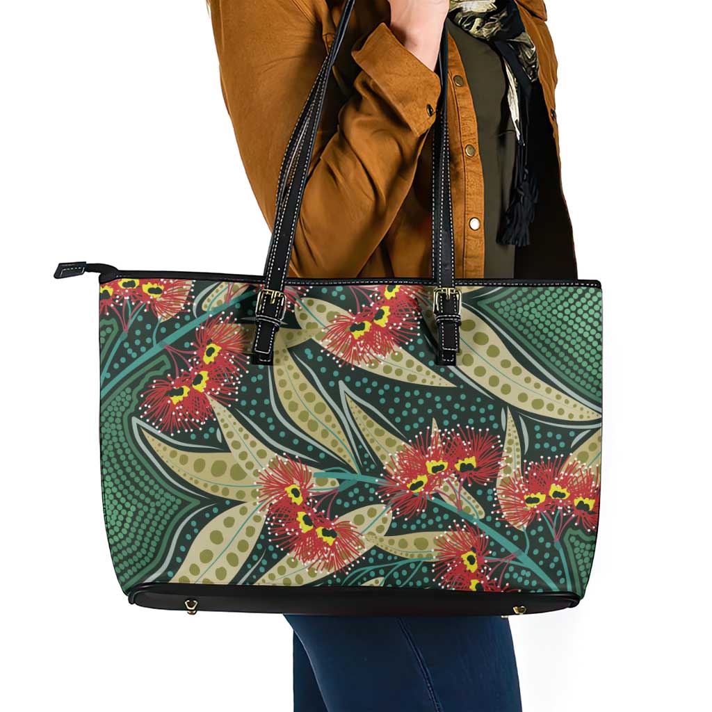 Australian Native Eucalyptus Plant Leather Tote Bag Aboriginal Dot Art