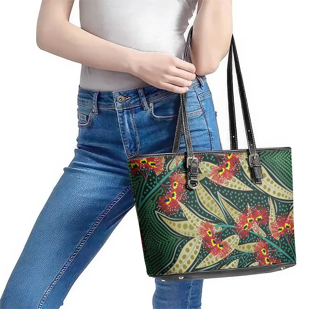 Australian Native Eucalyptus Plant Leather Tote Bag Aboriginal Dot Art