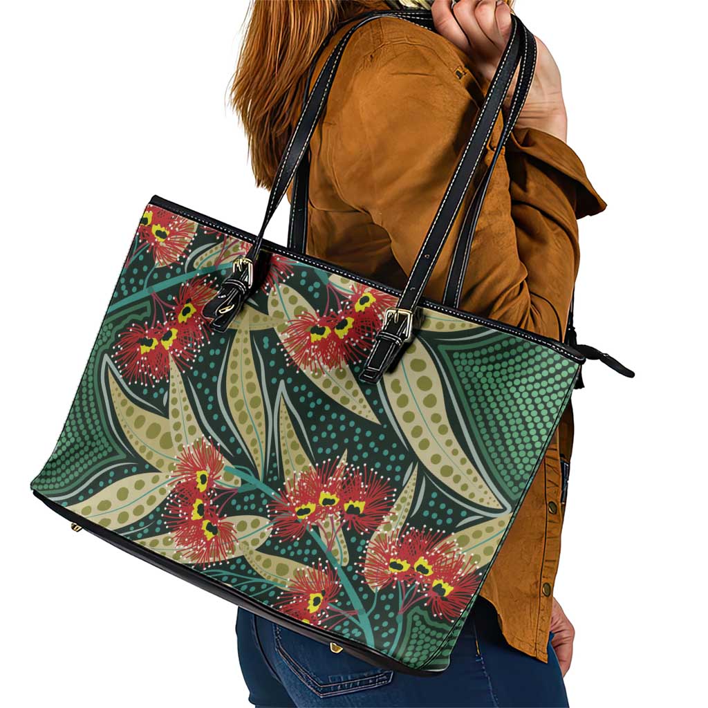 Australian Native Eucalyptus Plant Leather Tote Bag Aboriginal Dot Art