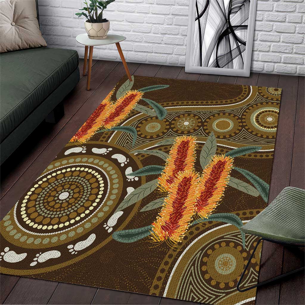 Australian Yellow Banksia Flowers Area Rug Aboriginal Dot Art