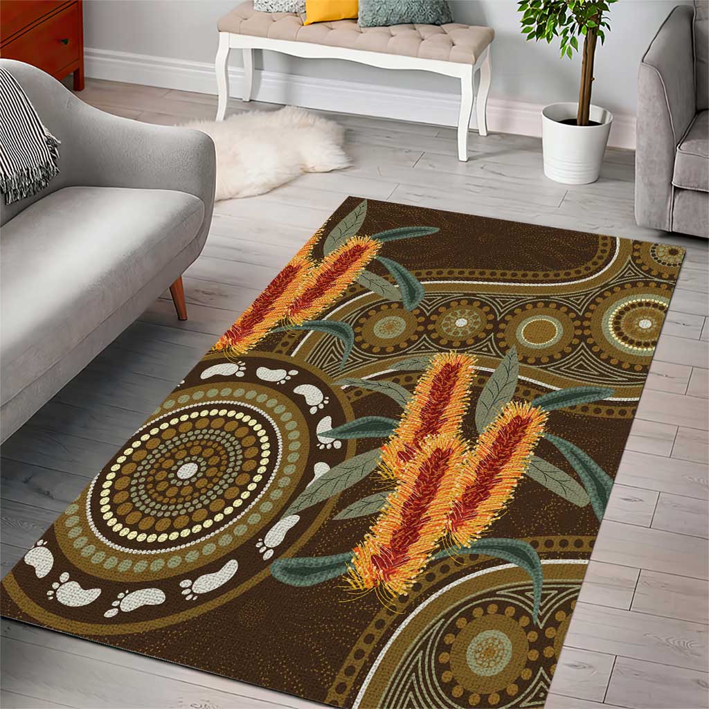 Australian Yellow Banksia Flowers Area Rug Aboriginal Dot Art