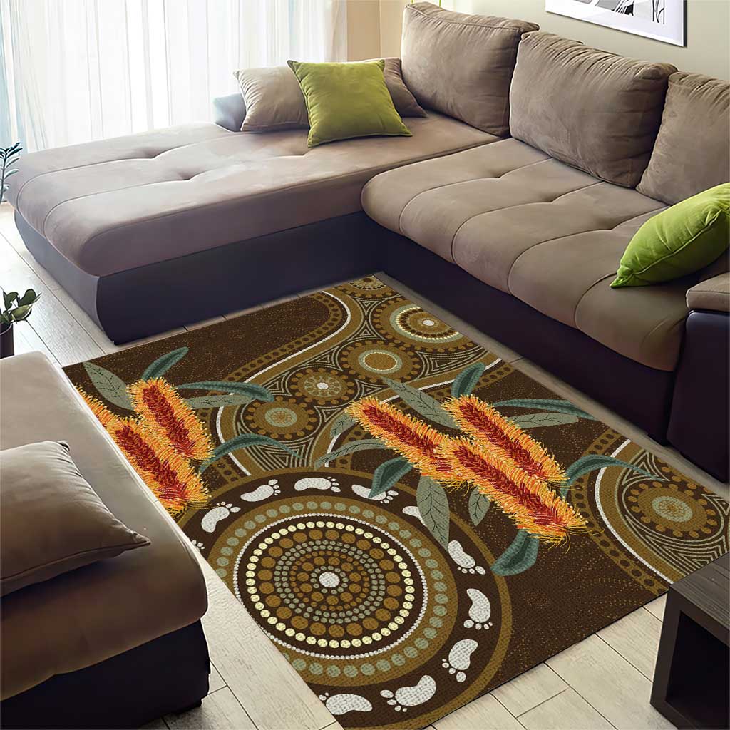 Australian Yellow Banksia Flowers Area Rug Aboriginal Dot Art