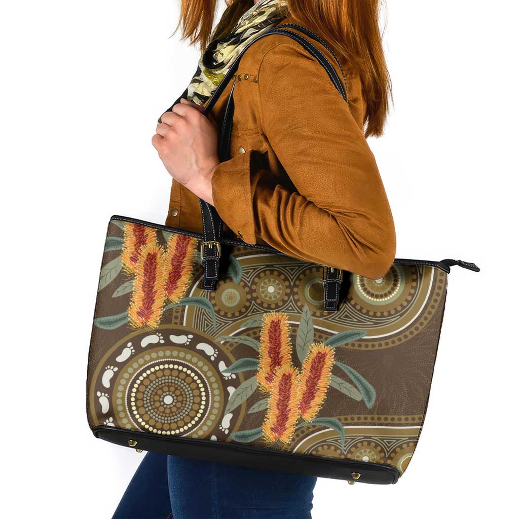 Australian Yellow Banksia Flowers Leather Tote Bag Aboriginal Dot Art