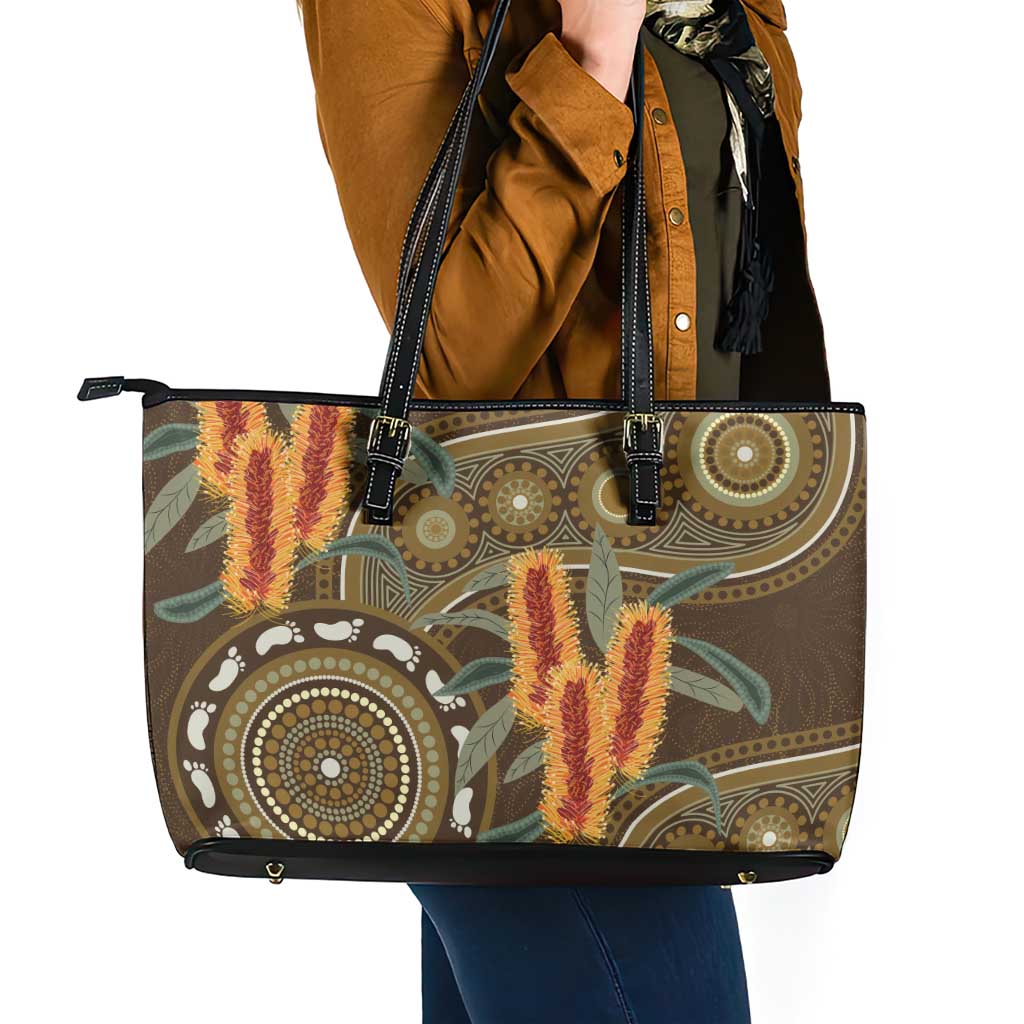 Australian Yellow Banksia Flowers Leather Tote Bag Aboriginal Dot Art