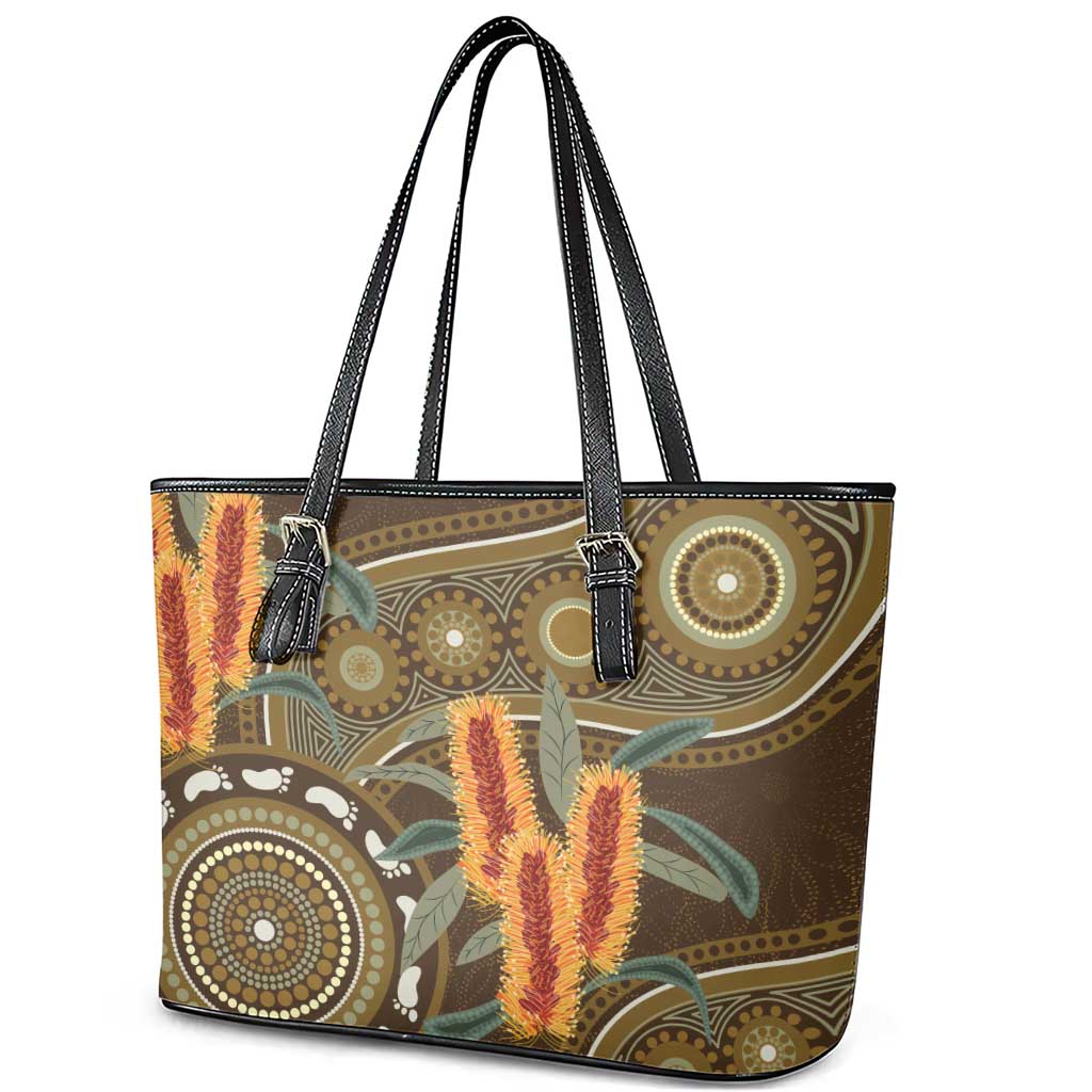 Australian Yellow Banksia Flowers Leather Tote Bag Aboriginal Dot Art