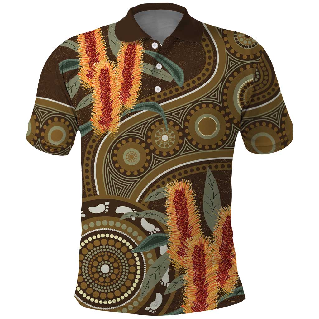 Australian Yellow Banksia Flowers Polo Shirt Aboriginal Dot Art