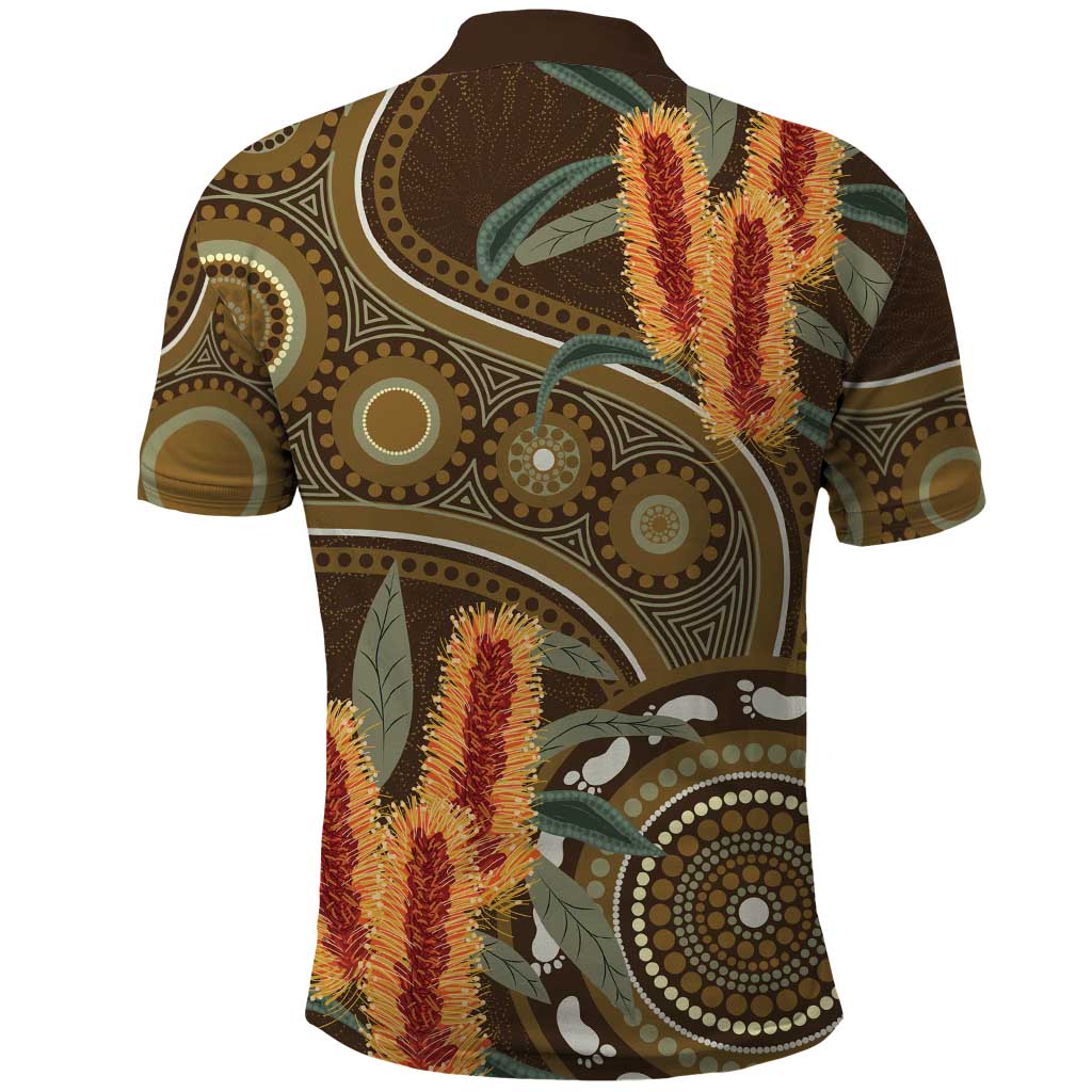 Australian Yellow Banksia Flowers Polo Shirt Aboriginal Dot Art