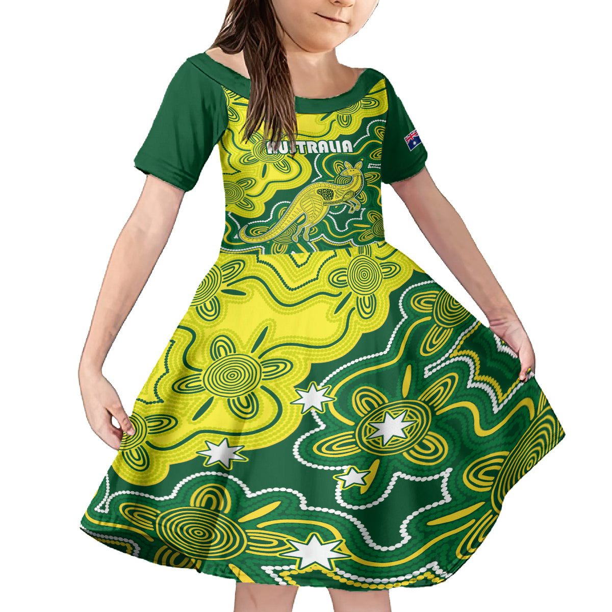 australia-cricket-kid-short-sleeve-dress-go-aussie-world-cup-2023-aboriginal-style-unique