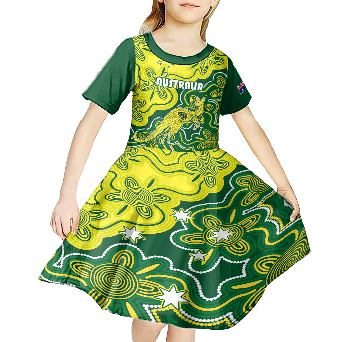 australia-cricket-kid-short-sleeve-dress-go-aussie-world-cup-2023-aboriginal-style-unique