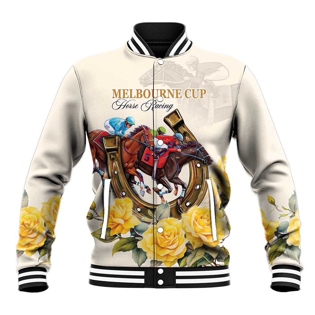 Melbourne Horse Racing Personalised Baseball Jacket Australian Horse With Yellow Roses