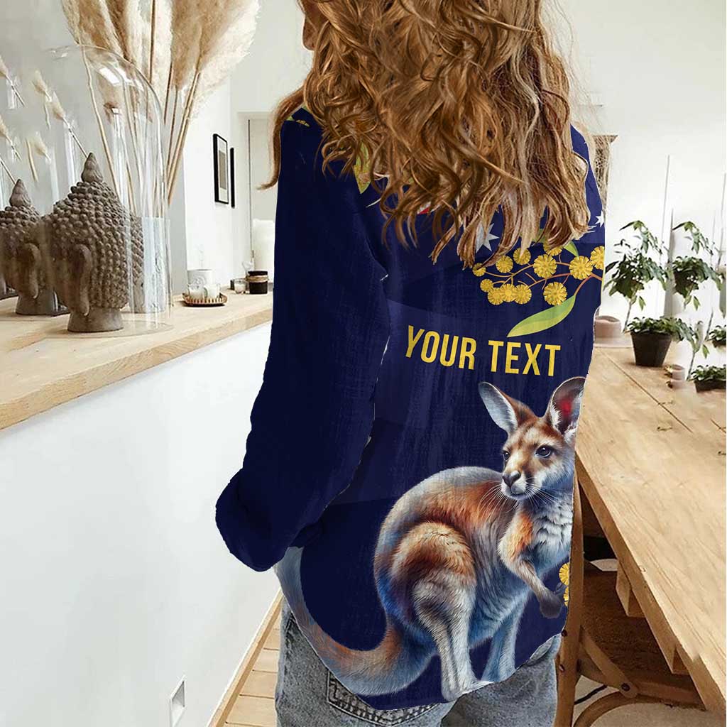 Blue Kangaroo and Golden Wattle Personalised Women Casual Shirt Happy Australia Day 6 January