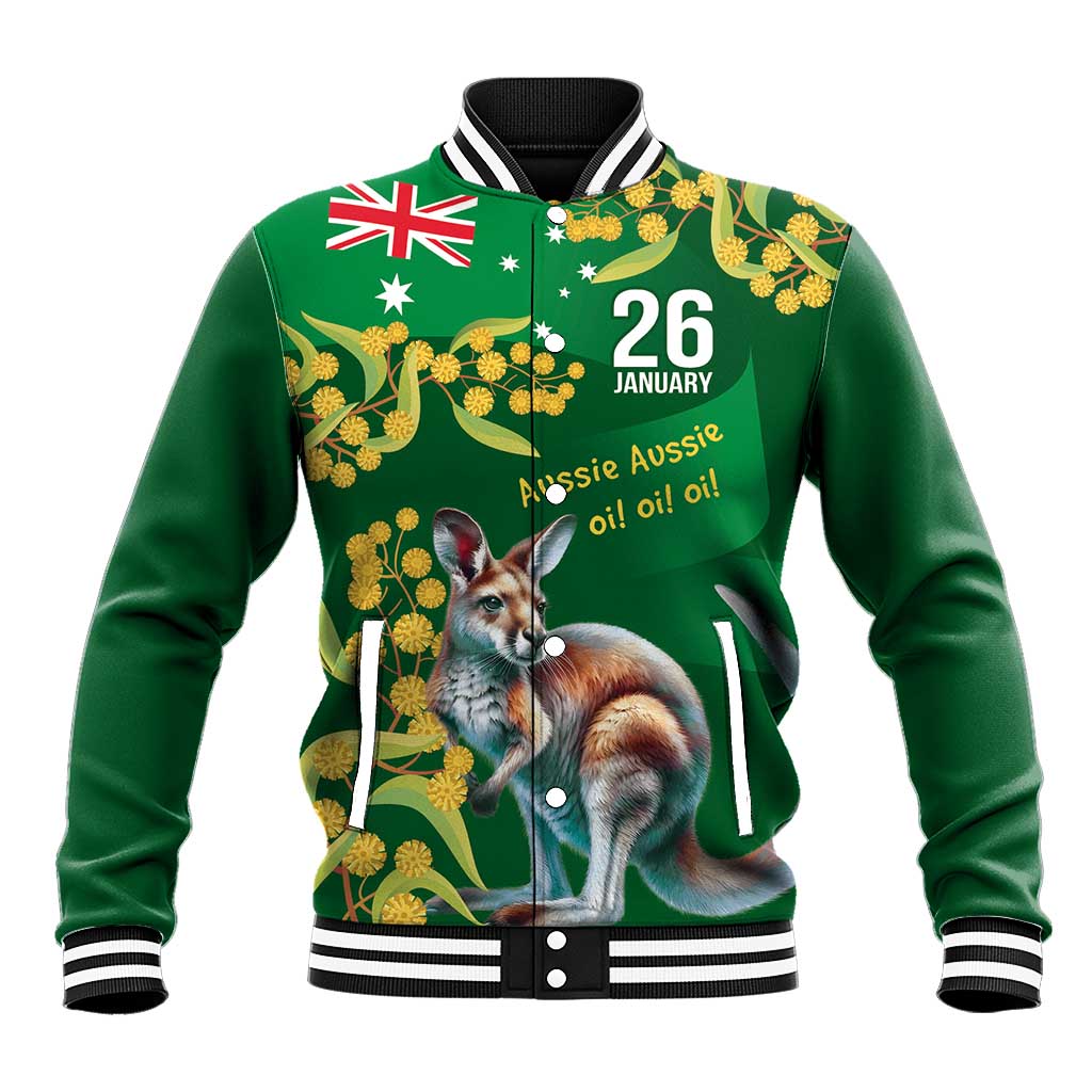 Green Kangaroo and Golden Wattle Personalised Baseball Jacket Happy Australia Day 6 January