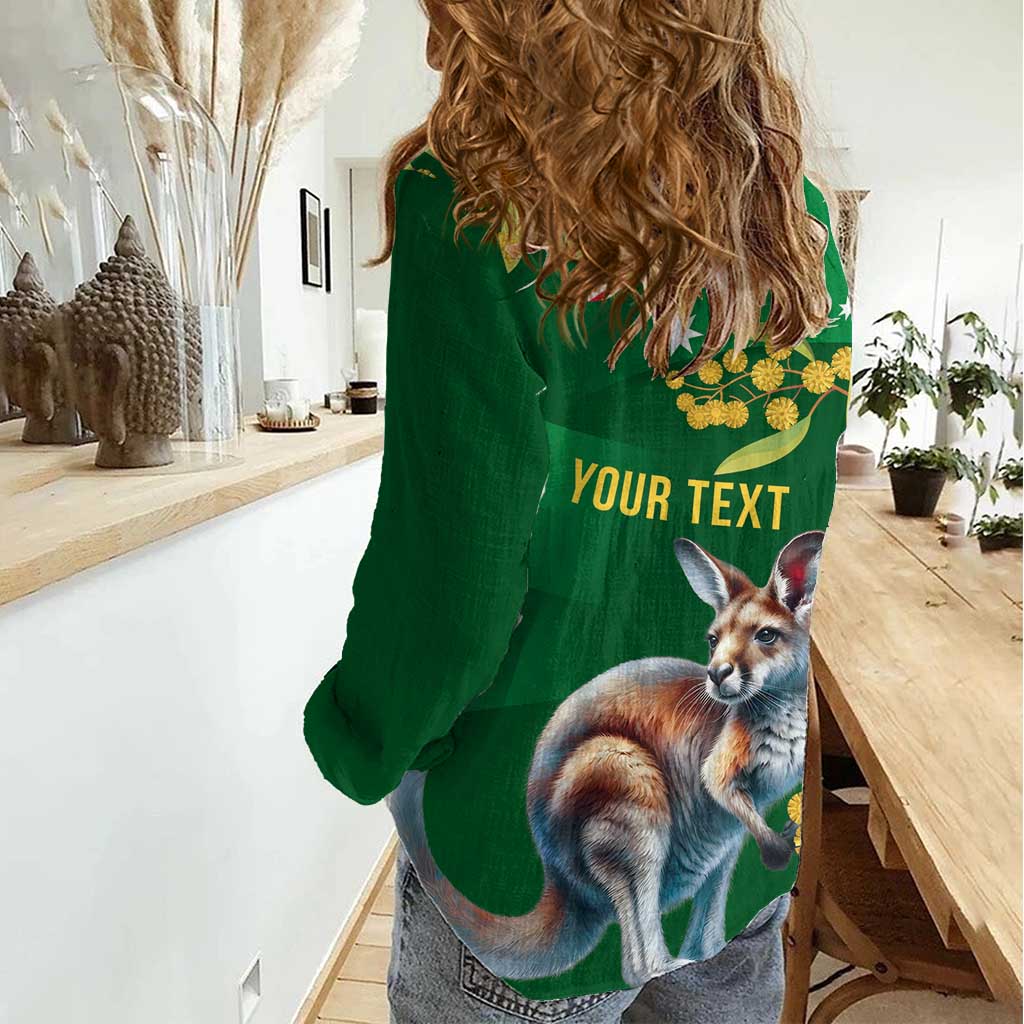 Green Kangaroo and Golden Wattle Personalised Women Casual Shirt Happy Australia Day 6 January