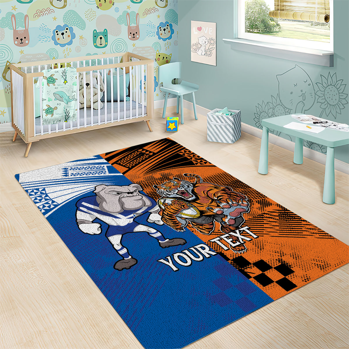 Custom Bulldogs and Tigers Area Rug Rugby Mascot With Sporty Style