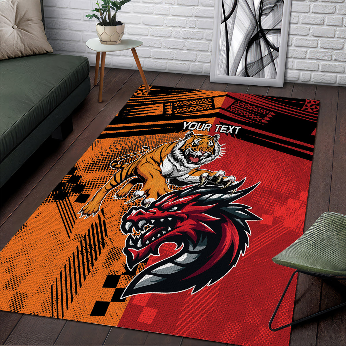 Custom Dragons and Tigers Area Rug Rugby Mascot With Sporty Style