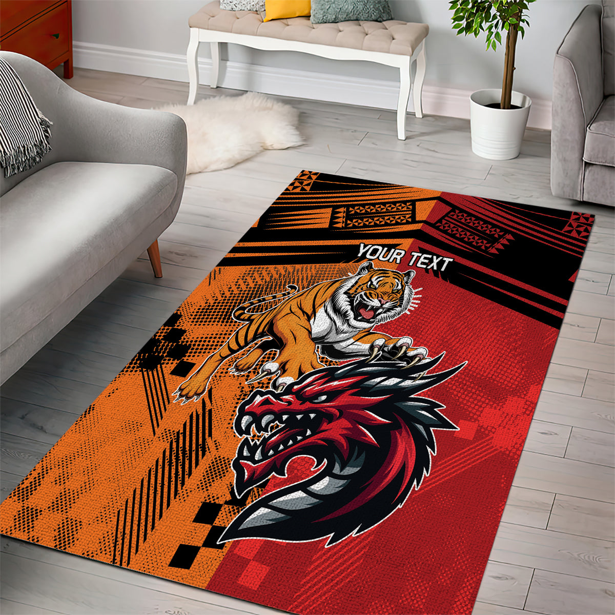 Custom Dragons and Tigers Area Rug Rugby Mascot With Sporty Style