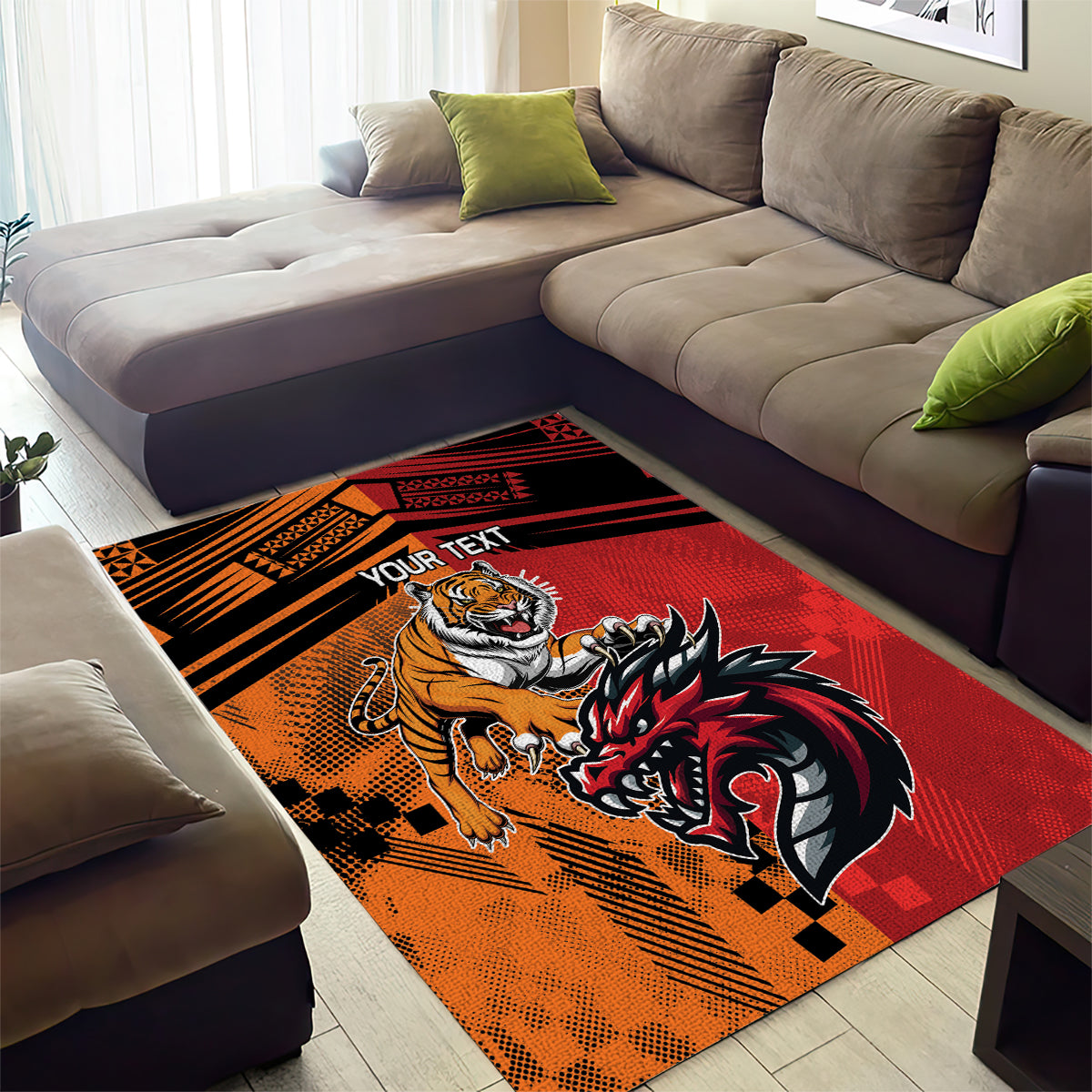 Custom Dragons and Tigers Area Rug Rugby Mascot With Sporty Style