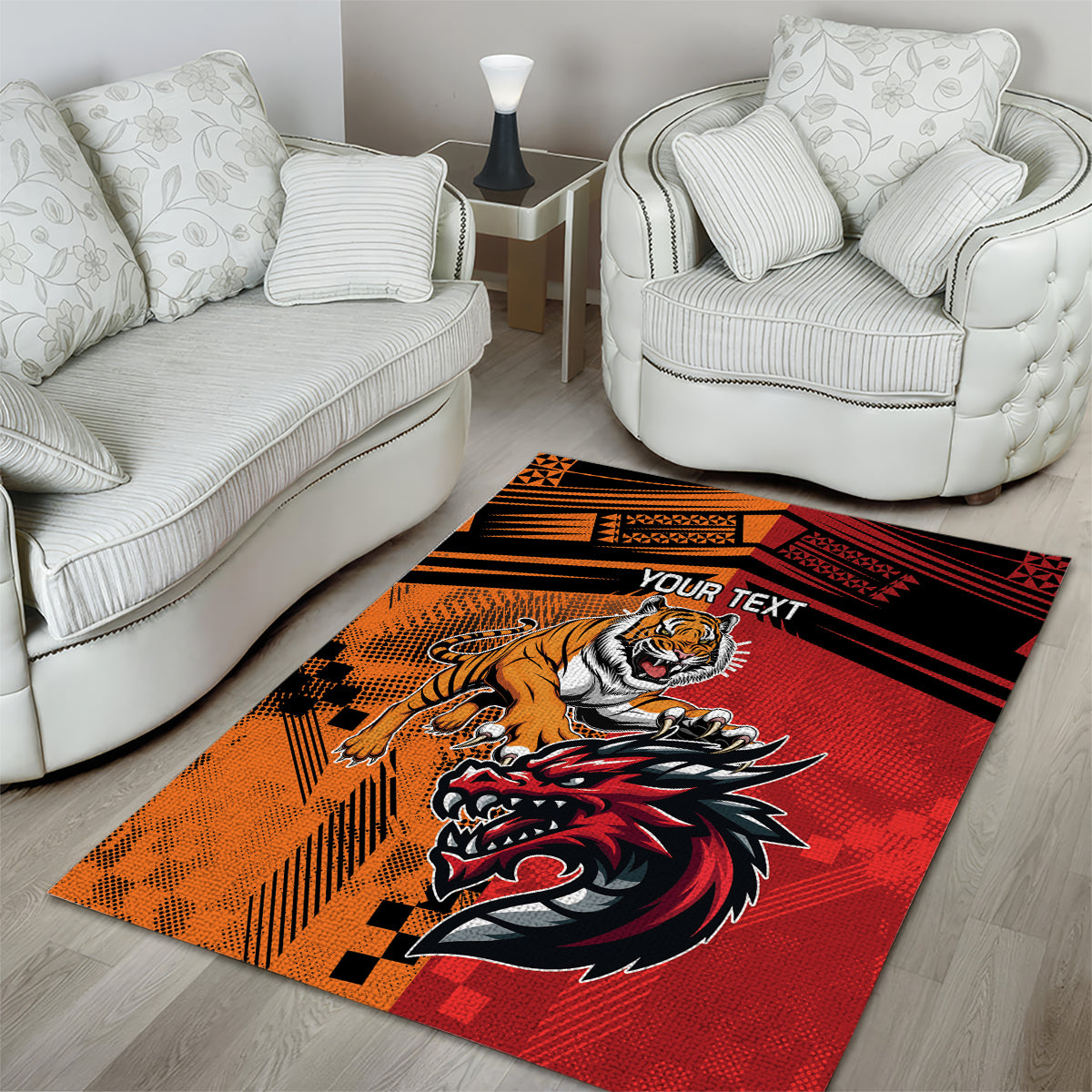 Custom Dragons and Tigers Area Rug Rugby Mascot With Sporty Style